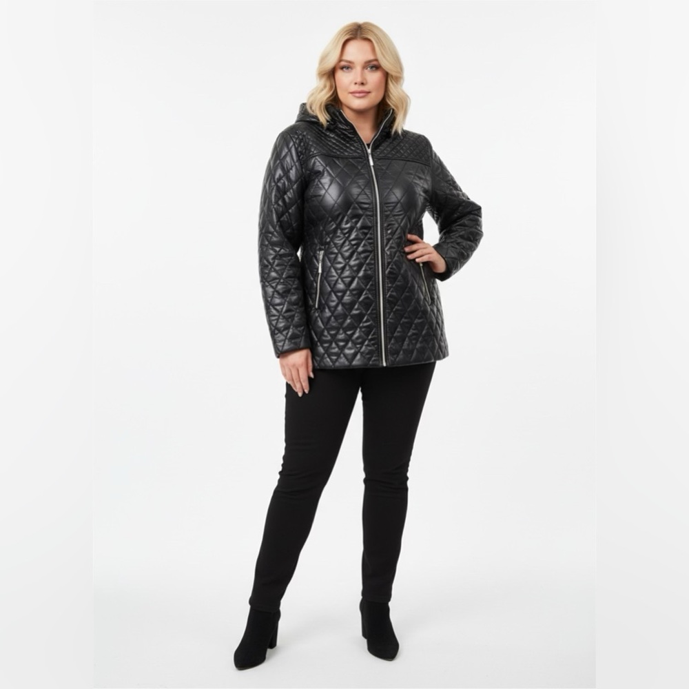 🤍 White Mark Winter Collection Black Shiny Quilted Hooded Jacket – 2XL – NWT